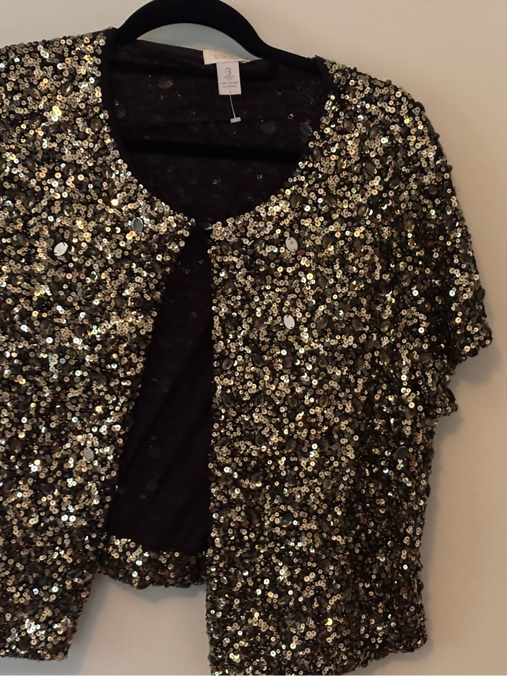 Chico’s size 3 (L or XL) Gold Sequin Short Sleeve Jacket